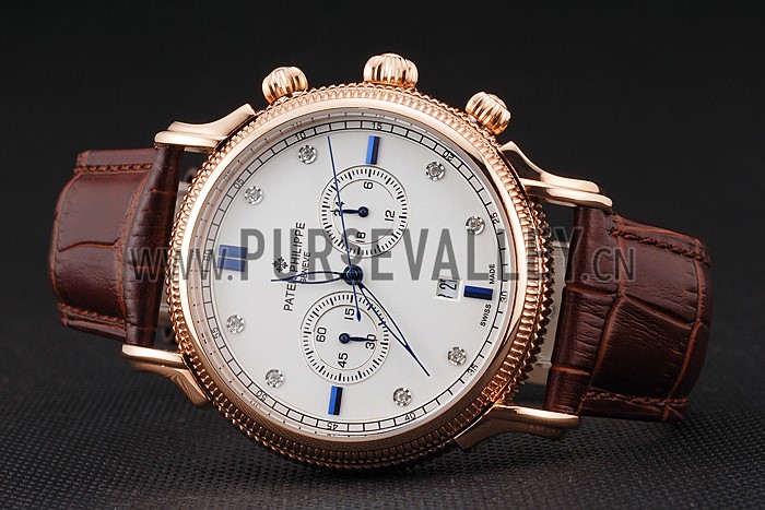 Patek Philippe Chronograph White Dial With Blue And Diamond Markings Rose Gold Case Brown Leather Strap