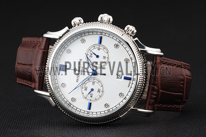 Patek Philippe Chronograph White Dial With Diamond And Blue Markings Stainless Steel Case Brown Leather Strap