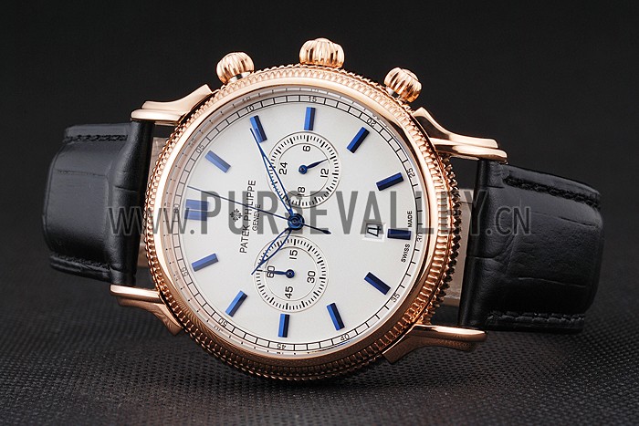 Patek Philippe Chronograph White Dial Blue Markings Rose Gold Case Black Leather Strap