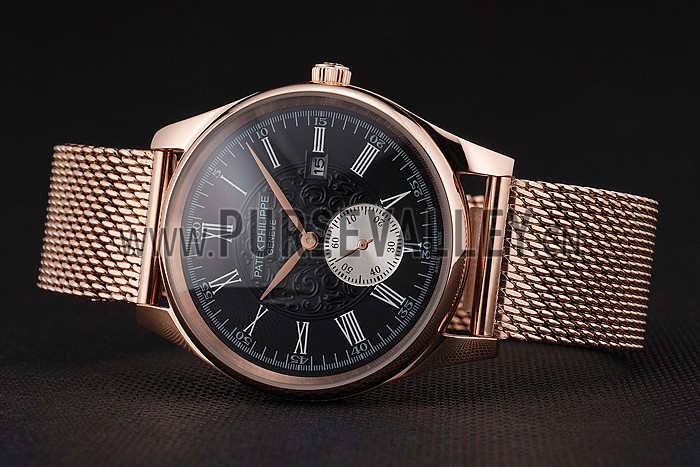 Patek Philippe Calatrava Small Seconds Black Engraved Dial Rose Gold Case And Bracelet