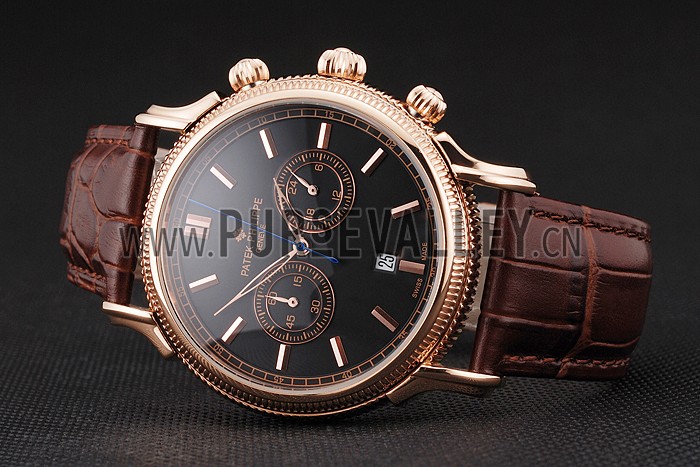 Patek Philippe Chronograph Black Dial Rose Gold Case Brown Leather Strap