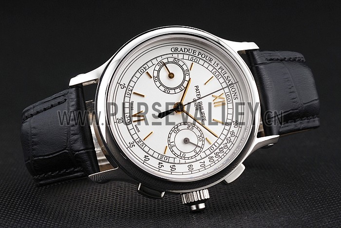 Swiss Patek Philippe 5170J Chronograph White Dial Gold Hands Stainless Steel Case Black Leather Strap