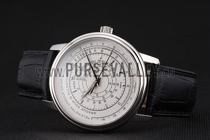Swiss Patek Philippe Multi-Scale Chronograph White Dial Stainless Steel Case Black Leather Strap