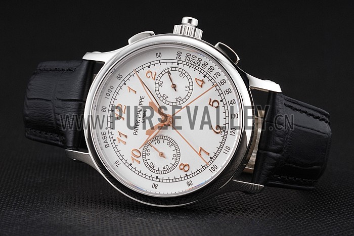 Swiss Patek Philippe Split Seconds Chronograph White Dial Rose Gold Hands Stainless Steel Case Black Leather Strap