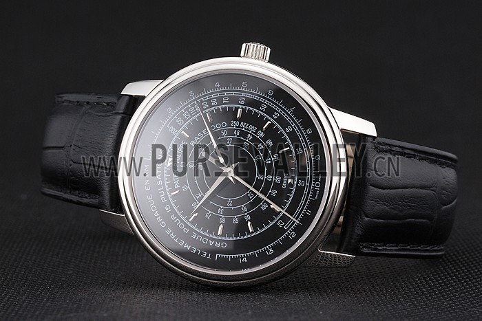 Swiss Patek Philippe Multi-Scale Chronograph Black Dial Stainless Steel Case Black Leather Strap
