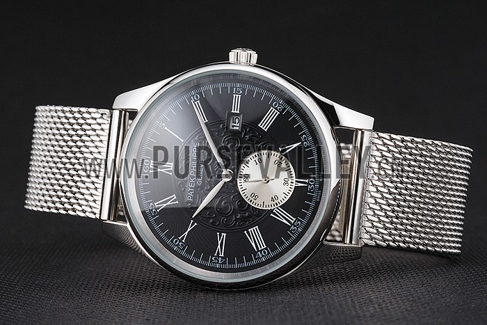 Patek Philippe Calatrava Small Seconds Black Engraved Dial Stainless Steel Case And Bracelet