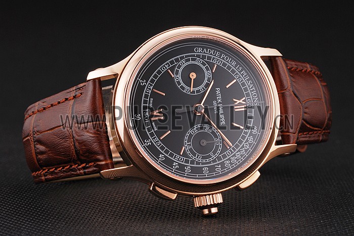 Swiss Patek Philippe 5170J Chronograph Black Dial Rose Gold Case Brown Leather Strap