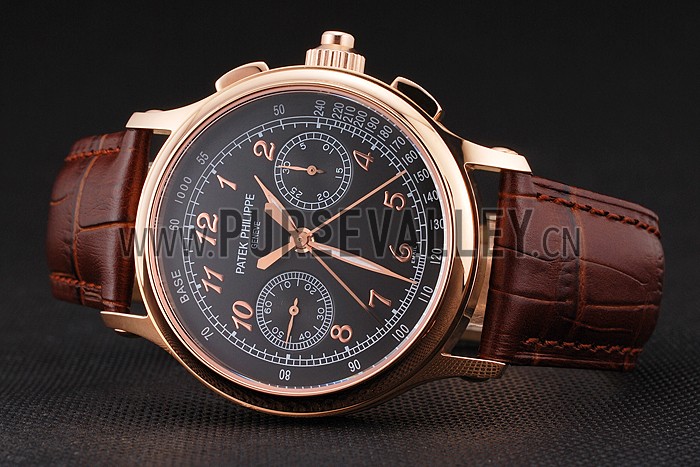 Swiss Patek Philippe Split Seconds Chronograph Black Dial Rose Gold Case Brown Leather Strap