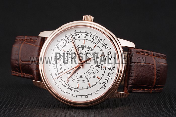 Swiss Patek Philippe Multi-Scale Chronograph White Dial Rose Gold Case Brown Leather Strap