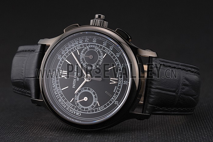 Swiss Patek Philippe 5170J Chronograph Black Dial Black Case Black Leather Strap