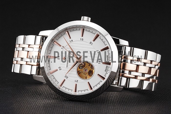Vacheron Constantin Tourbillon White Dial Rose Gold Numerals Stainless Steel Case Two Tone Bracelet