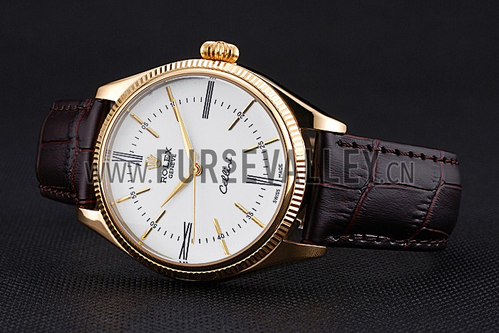 Rolex Cellini White Dial Gold Case Brown Leather Strap 622833