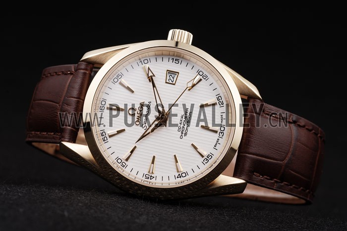 Omega Swiss Seamaster Aqua Terra Brown Strap White Striped Dial