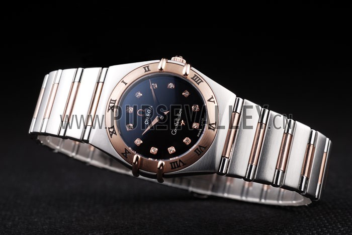 Omega Swiss Constellation Jewelry Rose Gold Case Black Dial 98114