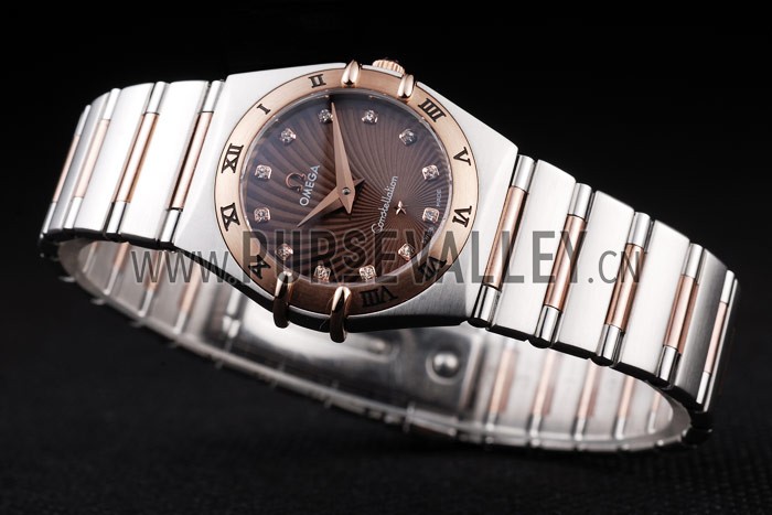 Omega Swiss Constellation Jewelry Rose Gold Case Radial Emblem Brown Dial 98116