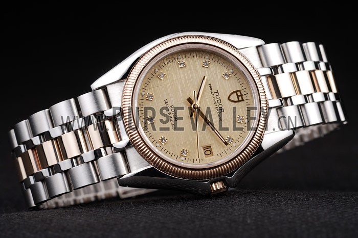 Tudor Swiss Classic Prince Date Stainless Steel Case Rose Gold Ribbed Bezel Gold Dial