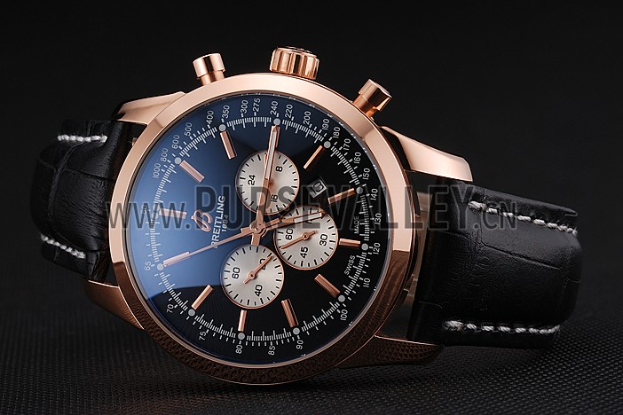 Breitling Transocean Black Dial Black Leather Strap Rose Gold Bezel 98204
