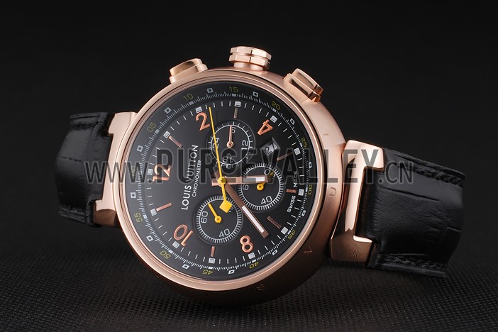 Louis Vuitton Tambour Chronograph Black Dial Rose Gold Case Black Leather Strap