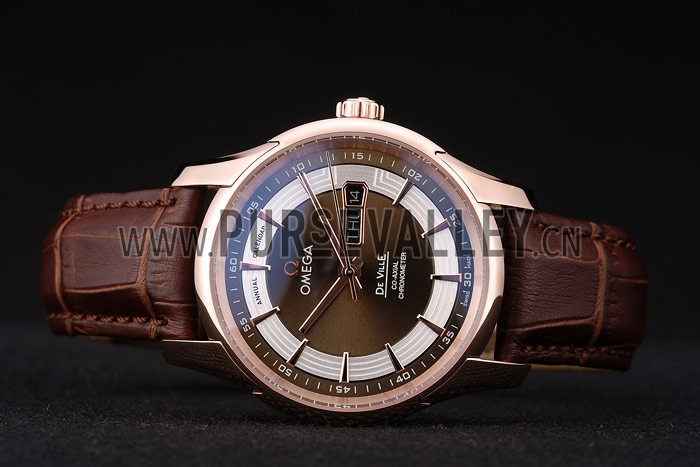 Omega Swiss DeVille Rose Gold Bezel Brown Leather Strap 7616