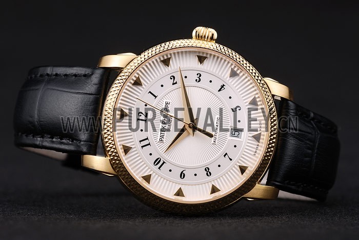 Patek Philippe Swiss Calatrava Ribbed Bezel White Dial Black Leather Strap 7639