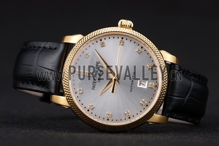 Patek Philippe Swiss Calatrava Ribbed Bezel Grey Dial Black Leather Strap 7640