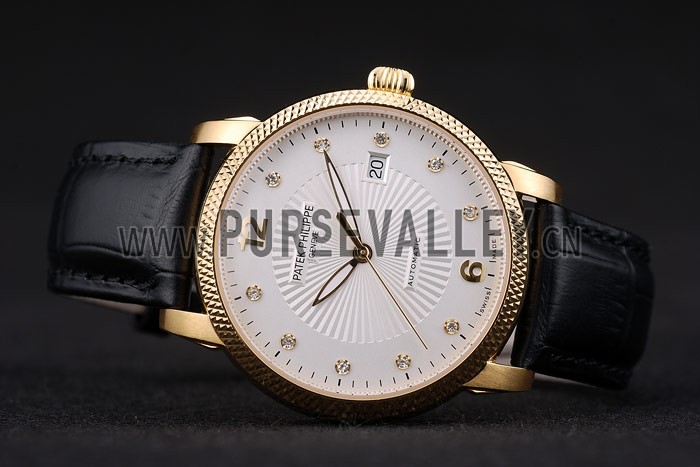 Patek Philippe Swiss Calatrava Ribbed Bezel White Dial Black Leather Strap 7642