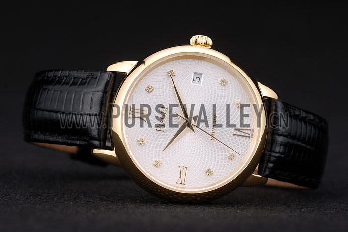 Piaget Swiss Traditional White Radial Pattern Dial Black Leather Strap 7635