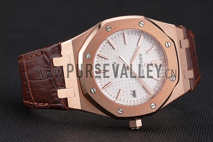 Swiss Audemars Piguet Royal Oak White Dial Gold Case Brown Leather Strap