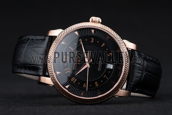 Patek Philippe Swiss Calatrava Ribbed Bezel Black Dial Black Leather Strap 7651