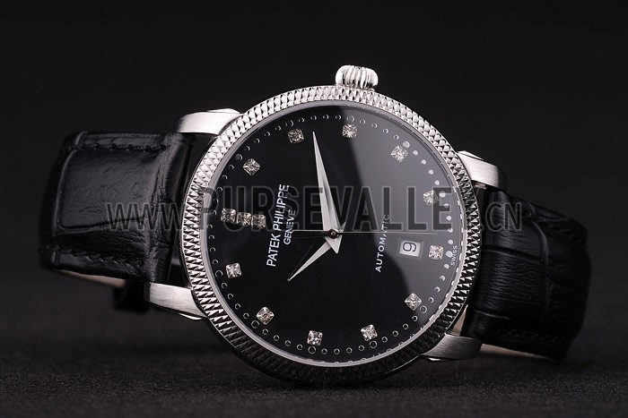 Patek Philippe Swiss Calatrava Ribbed Bezel Black Dial Black Leather Strap 7661