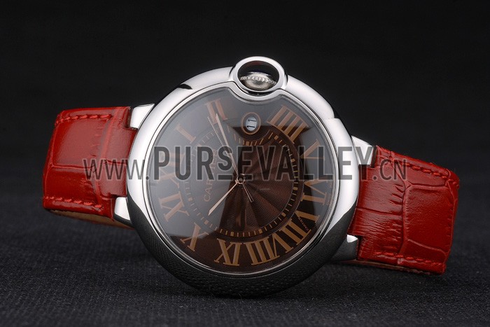 Cartier Ballon Bleu 42mm Brown Dial Stainless Steel Case Red Leather Bracelet