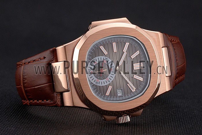 Patek Philippe Nautilus Gray Dial Rose Gold Case Brown Leather Strap