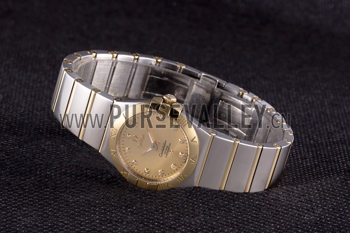 Swiss Lady Omega Constellation Stainless Steel Bracelet Golden Dial 80292