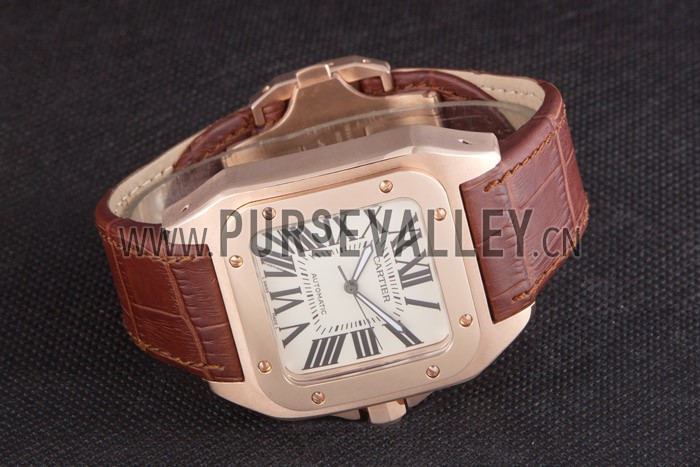 Swiss Cartier Santos Rose Gold with Brown Leather Strap 621522
