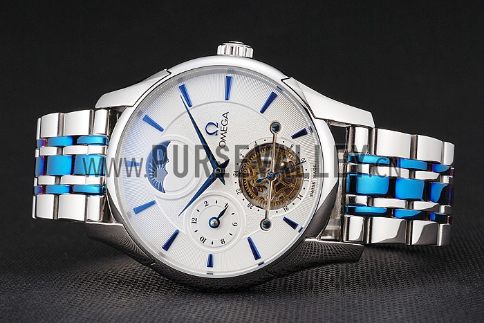 Omega De Ville Moonphase Tourbillon White Dial Stainless Steel Case Two Tone Steel Blue Bracelet