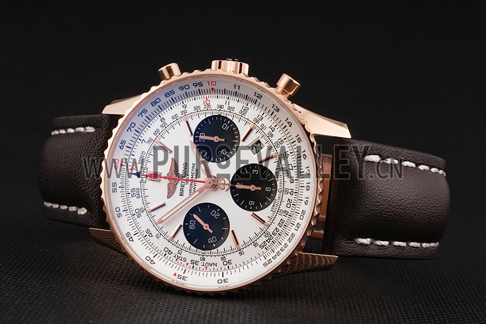Swiss Breitling Navitimer 01 White Dial Black Subdials Rose Gold Case Brown Leather Strap