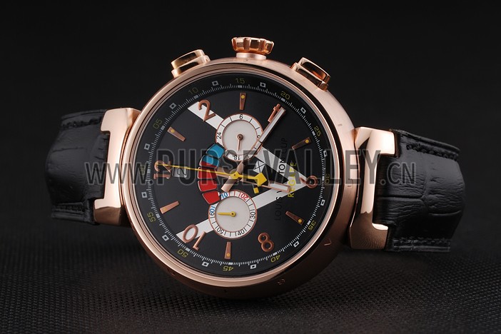 Louis Vuitton Tambour LV Cup Regate Black and White Dial Rose Gold Case Black Leather Strap