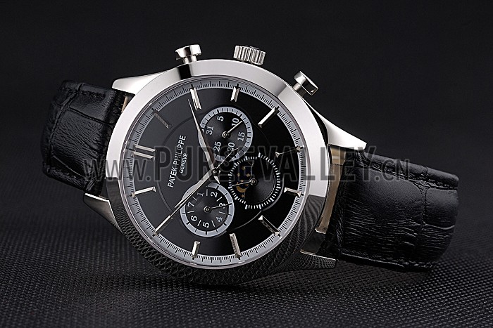 Patek Philippe Moonphase Chronograph Black Dial Stainless Steel Case Black Leather Strap 622842