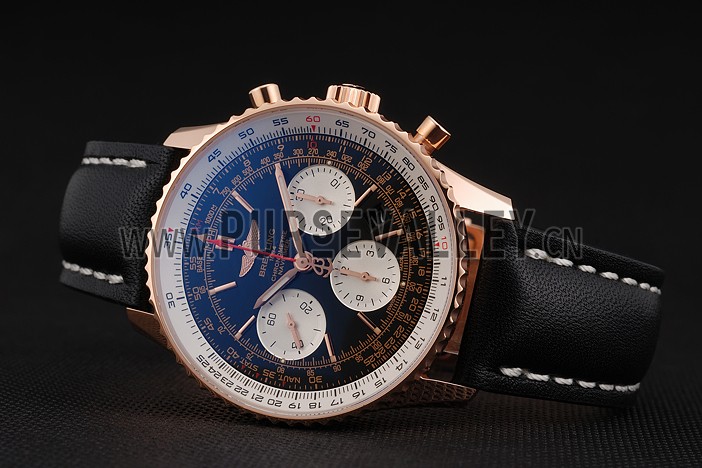 Swiss Breitling Navitimer 01 Black Dial White Subdials Rose Gold Case Black Leather Strap