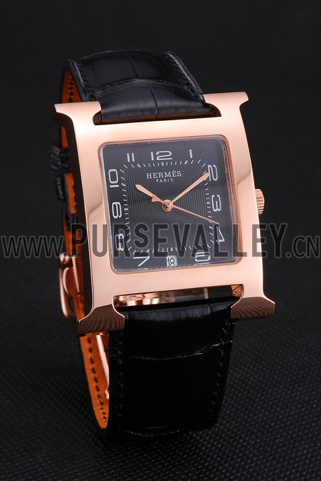 Hermes Heure H Black Dial Gold Case Black Leather Strap