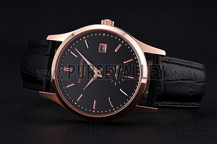 Patek Philippe Calatrava Black Dial Rose Gold Case Black Leather Strap 622835