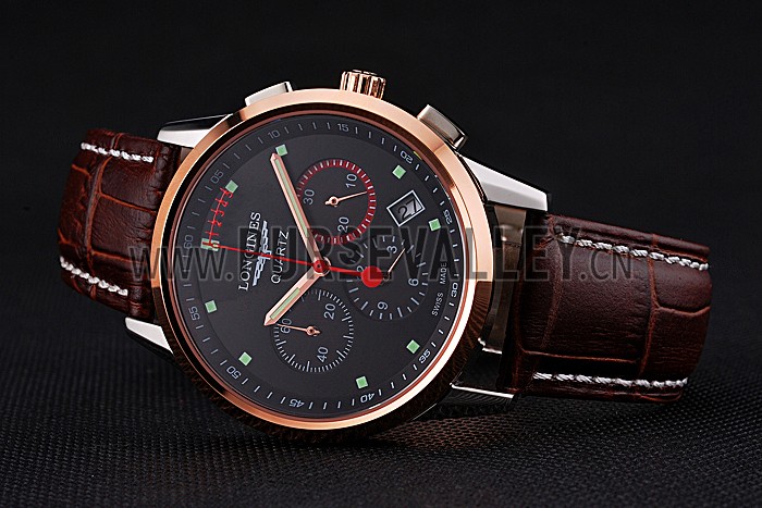 Longines Column Wheel Black Dial Two Tone Case Brown Leather Strap