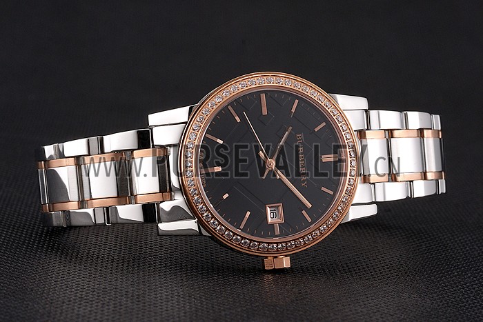 Burberry The City Black Dial Rose Gold Diamond Bezel Stainless Steel Case Two Tone Bracelet