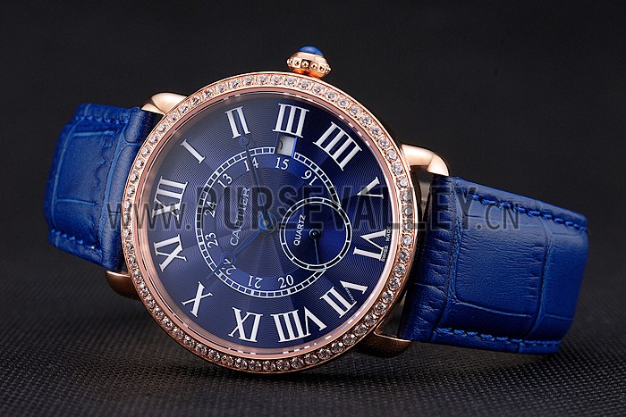 Cartier Ronde Louis Cartier Blue Dial Gold Case Diamond Bezel Blue Leather Strap