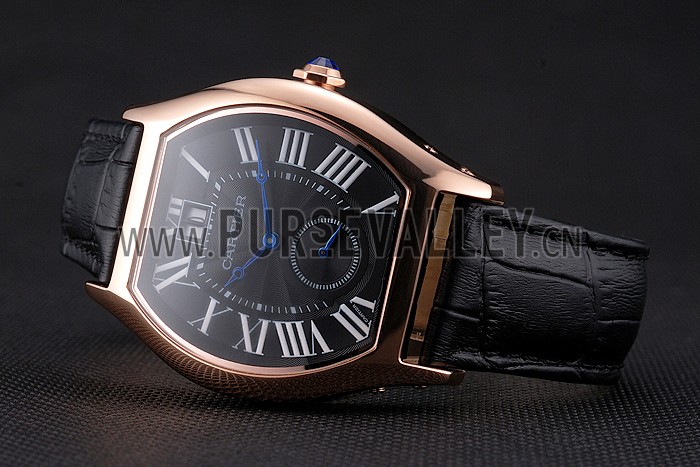 Cartier Tortue Large Date Black Dial Gold Case Black Leather Strap