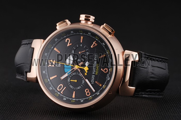 Louis Vuitton Tambour LV Cup Regate Black Dial Rose Gold Case Black Leather Strap