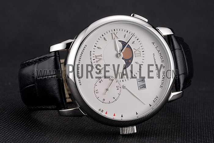 A. Lange & Sohne Grand Lange 1 Moon Phase White Dial Stainless Steel Case Black Leather Strap