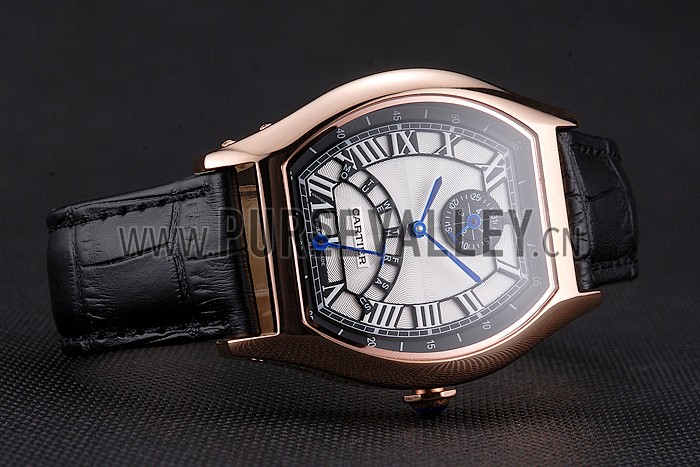 Cartier Tortue Perpetual Calendar White Dial Gold Case Black Leather Strap