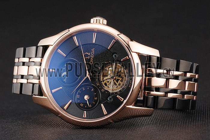 Omega De Ville Moonphase Tourbillon Black Dial Rose Gold Case Two Tone Rose Gold Black Bracelet
