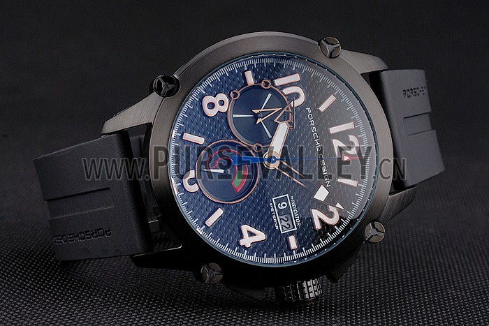 Porsche Design Indicator Black Dial Gold Numerals Black PVD Case Black Rubber Strap
